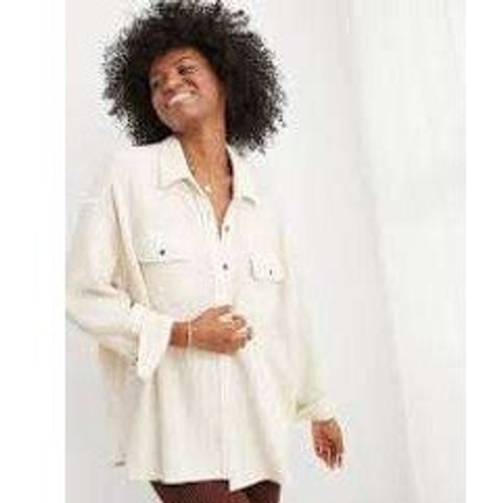 Aerie Lumber Jane Waffle Knit Shacket Women's Small Cream Button Up Long Sleeve